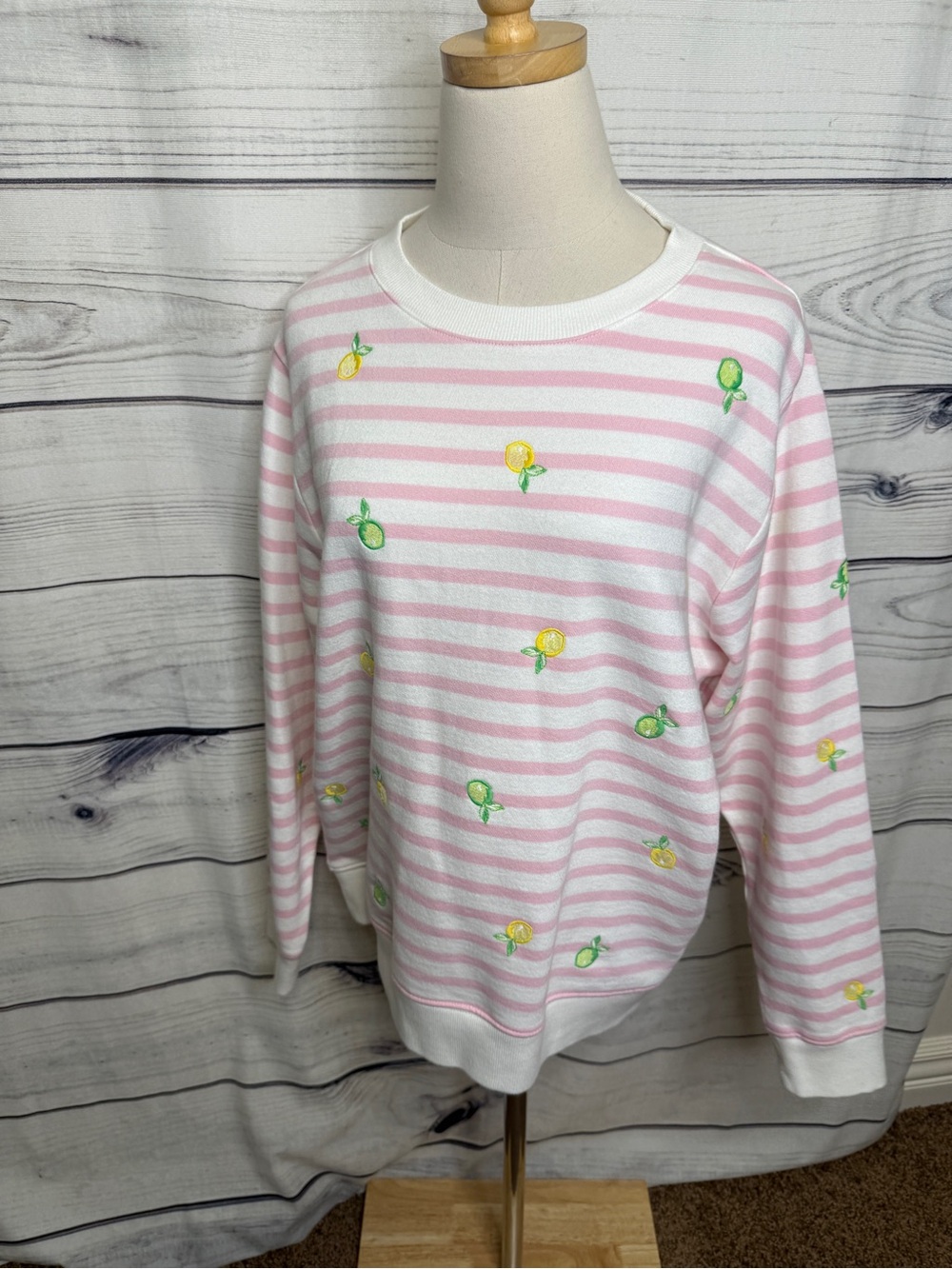 Lilly Pulitzer Pink & White Striped Crewneck Sweater, lemon lime print